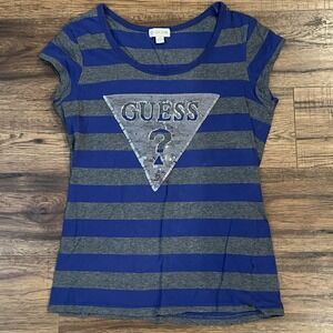 Striped Blue Grey Y2K Guess Rhinestone McBling‎ Tshirt Womens Large Baddie 2000s